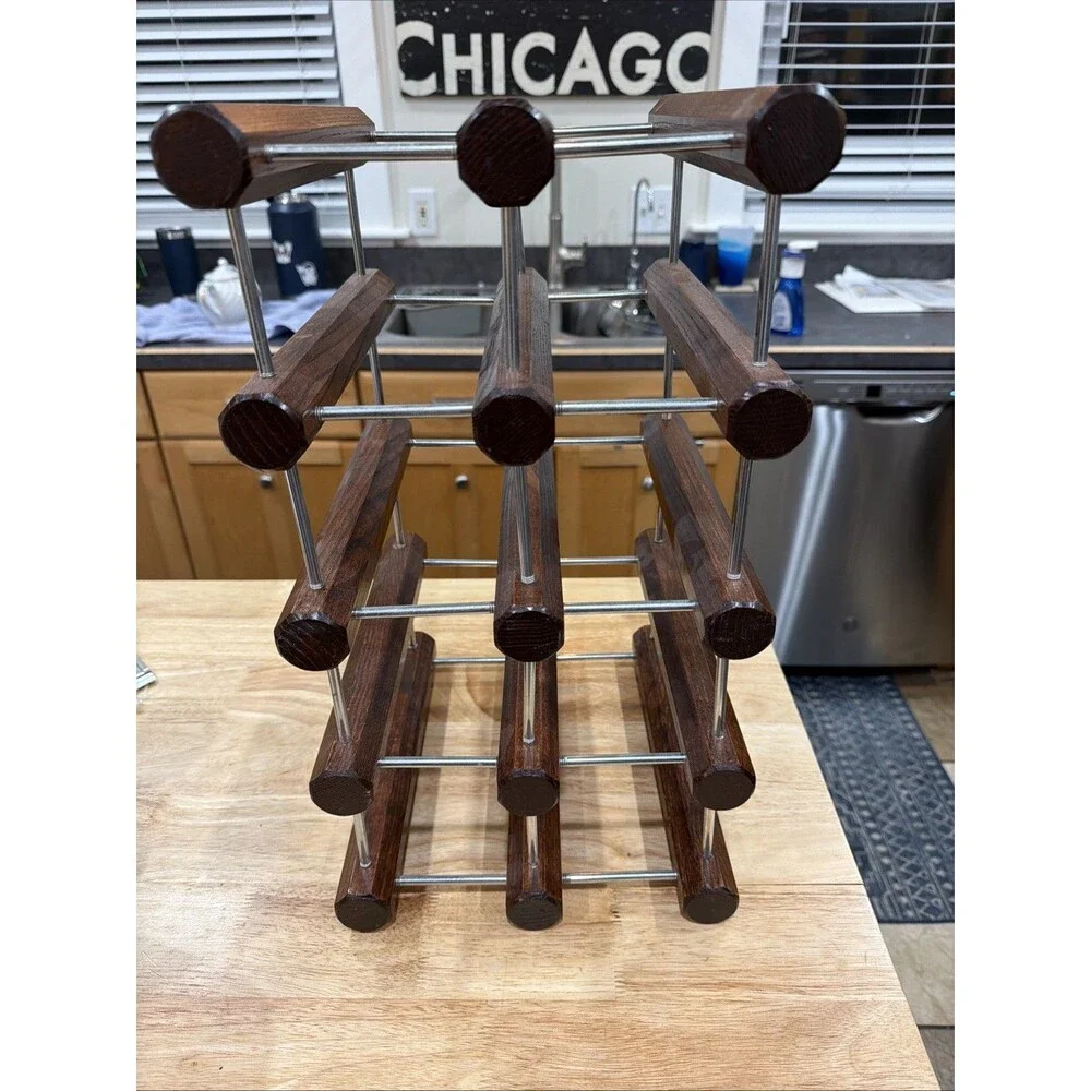 Danish Mid Century Modern Teak Wood And Chrome 8 Slot Wine Bottle Rack VTG